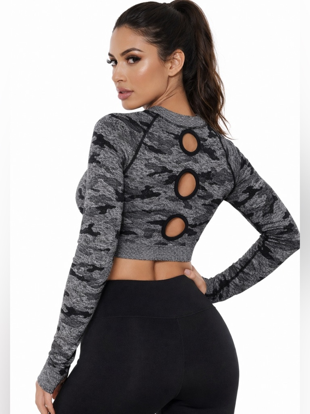 Camo Seamless Crop Top Open Back Gym Y2K L